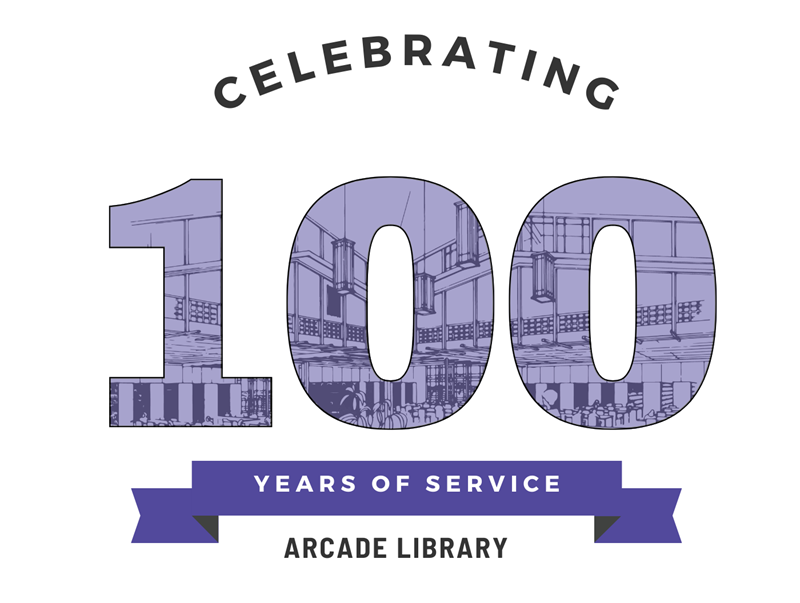 Purple graphic that says Celebrating 100 years of service at the Arcade Library