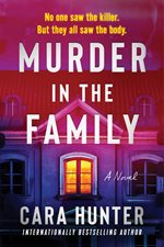 Book cover with a photo of a house with a light on in the window with the title, "Murder in the Family" written in white text across the top of the cover.