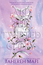 Book cover with a pink and blue sky with illustrations of the phases of the moon with the book title, “All This Twister Glory” written over the image.