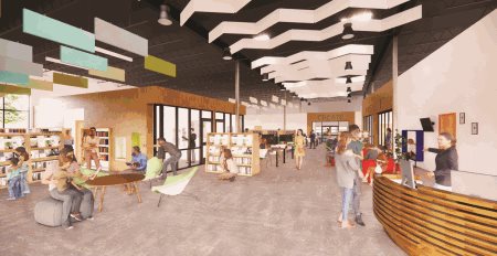 Rendering of the proposed interior of the new Elk Grove Library show an open floor plan with high decorative ceilings, a large circulation desk and people sitting comfortably in various seating arrangements around book shelves.