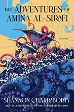 Large octopus sea creature engulfing a ship at sea with the book title The Adventures of Amina Al-Sirafi