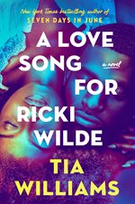 A book cover showing a black woman's head lying opposite a black man's head with blue and green light reflecting off their faces. The book title, ‘A Love Song for Ricki Wilde” is written in white text over the image.