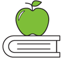 Green apple on top of a white book (icon).